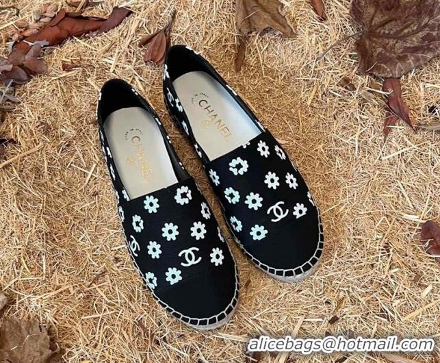 Hot Style Chanel Daisy Print Denim Espadrilles Black 052044