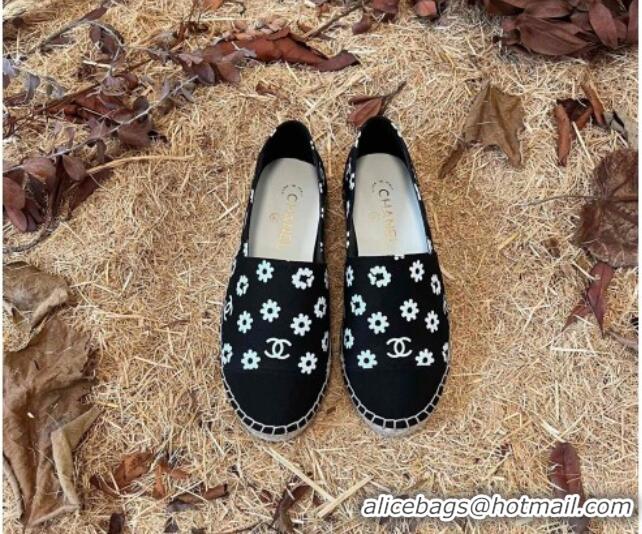 Hot Style Chanel Daisy Print Denim Espadrilles Black 052044