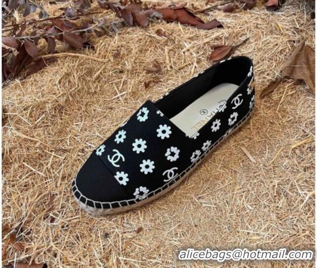 Hot Style Chanel Daisy Print Denim Espadrilles Black 052044