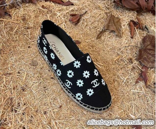 Hot Style Chanel Daisy Print Denim Espadrilles Black 052044