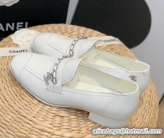 Charming Chanel Lambskin Chain Loafers G38559 White