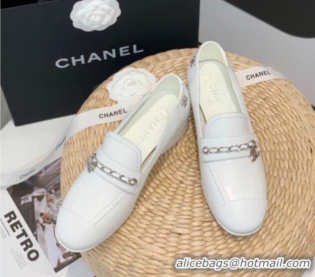 Charming Chanel Lambskin Chain Loafers G38559 White