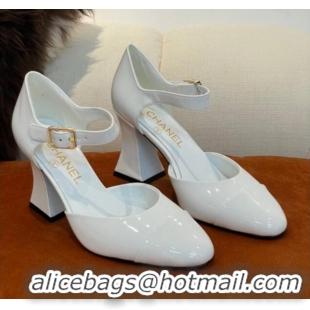 Shop Duplicate Chanel Patent Calfskin Open Shoes Pumps 8.5cm G39052 White