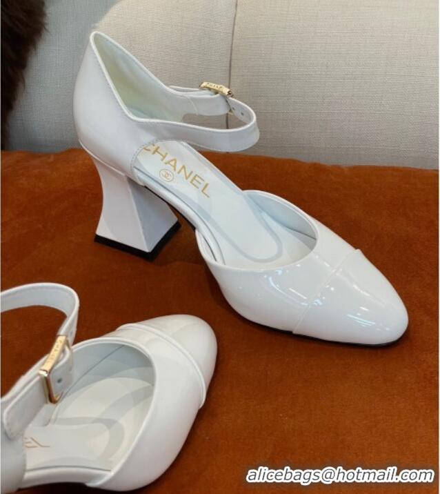 Shop Duplicate Chanel Patent Calfskin Open Shoes Pumps 8.5cm G39052 White