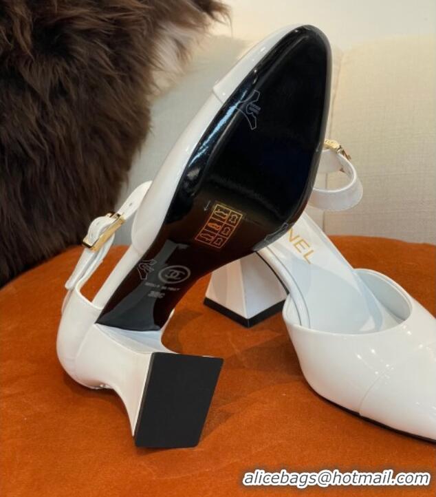 Shop Duplicate Chanel Patent Calfskin Open Shoes Pumps 8.5cm G39052 White