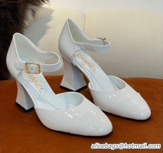 Shop Duplicate Chanel Patent Calfskin Open Shoes Pumps 8.5cm G39052 White