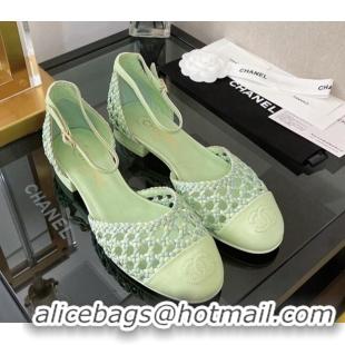 Top Design Chanel Braided Lambskin & Fabric Mary Janes Open Shoes G38764 Green