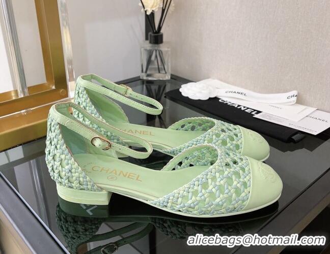 Top Design Chanel Braided Lambskin & Fabric Mary Janes Open Shoes G38764 Green