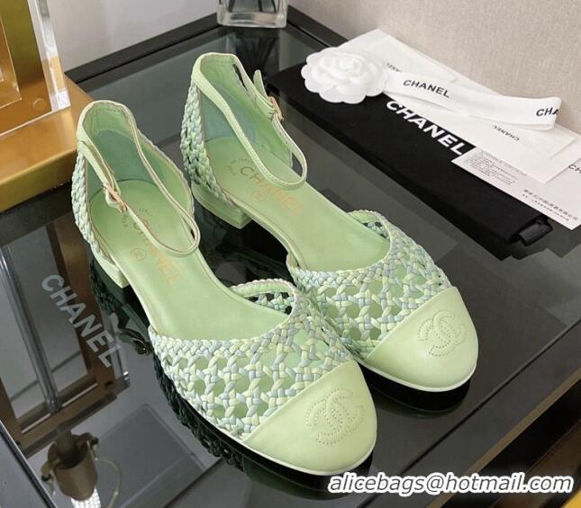 Top Design Chanel Braided Lambskin & Fabric Mary Janes Open Shoes G38764 Green