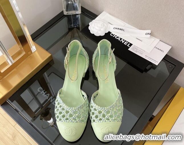 Top Design Chanel Braided Lambskin & Fabric Mary Janes Open Shoes G38764 Green