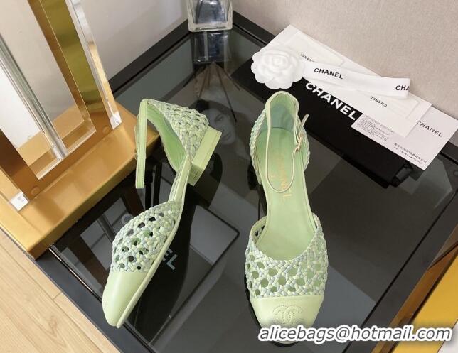 Top Design Chanel Braided Lambskin & Fabric Mary Janes Open Shoes G38764 Green