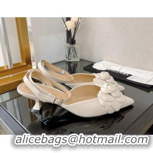 Luxurious Chanel Camellia Lambskin Mid-Heel Slingback Pumps 5cm Cream White 0525106