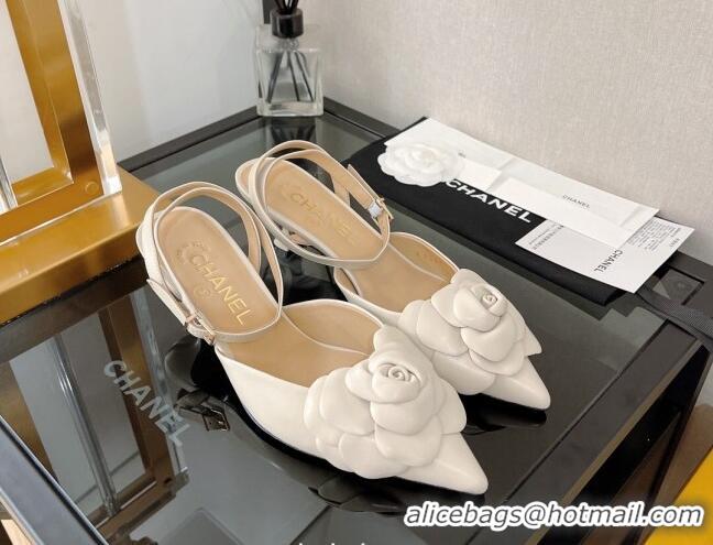 Luxurious Chanel Camellia Lambskin Mid-Heel Slingback Pumps 5cm Cream White 0525106