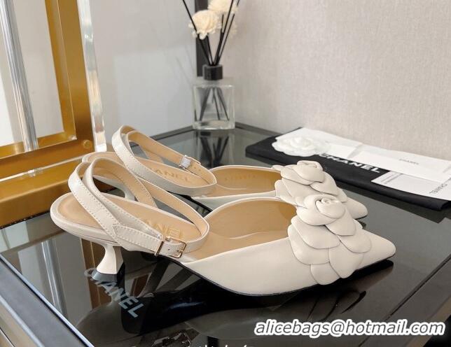 Luxurious Chanel Camellia Lambskin Mid-Heel Slingback Pumps 5cm Cream White 0525106