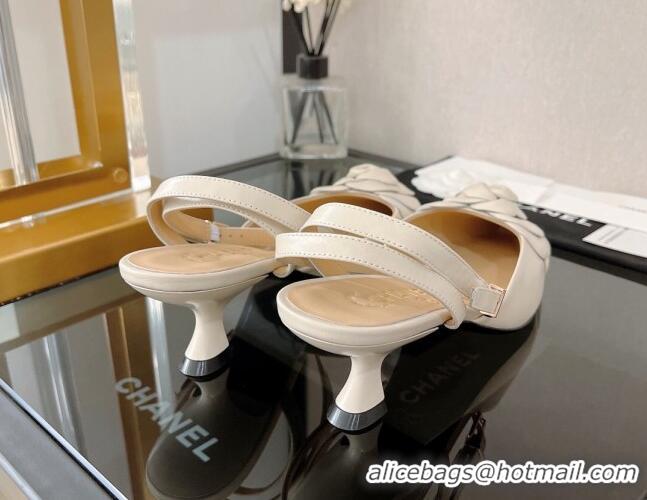 Luxurious Chanel Camellia Lambskin Mid-Heel Slingback Pumps 5cm Cream White 0525106