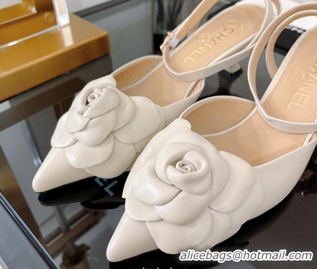 Luxurious Chanel Camellia Lambskin Mid-Heel Slingback Pumps 5cm Cream White 0525106