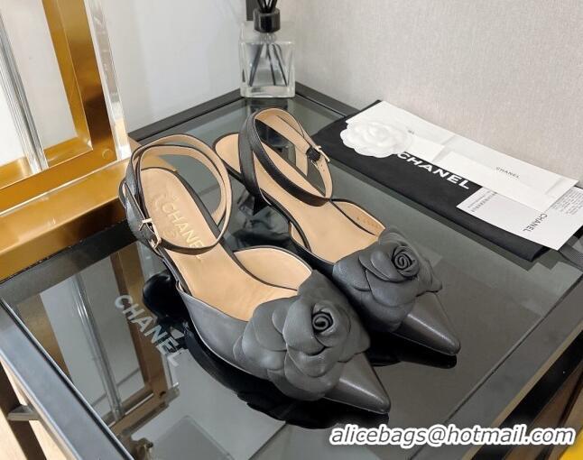 Durable Chanel Camellia Lambskin Mid-Heel Slingback Pumps 5cm Black 0525107