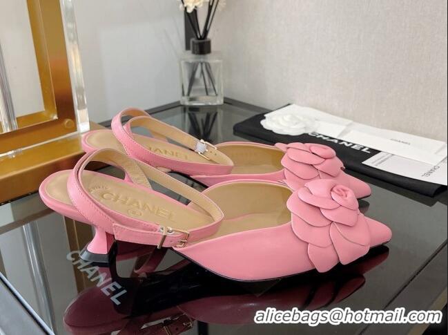 Cheap Price Chanel Camellia Lambskin Mid-Heel Slingback Pumps 5cm Pink 0525108