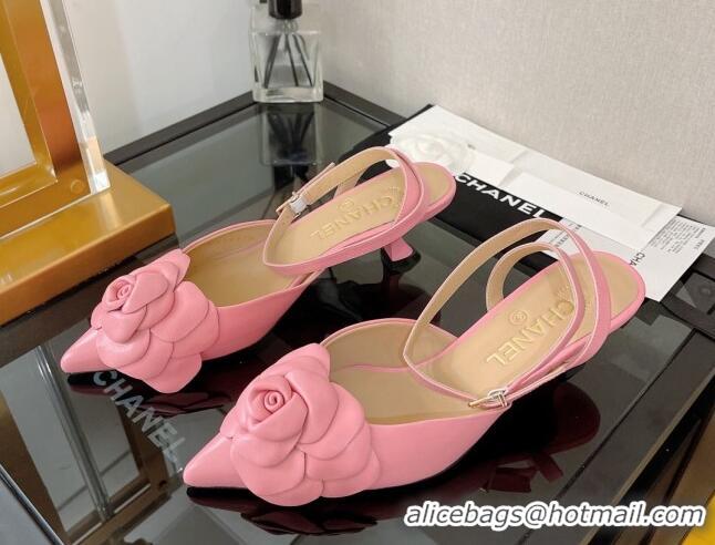 Cheap Price Chanel Camellia Lambskin Mid-Heel Slingback Pumps 5cm Pink 0525108