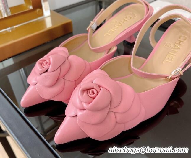 Cheap Price Chanel Camellia Lambskin Mid-Heel Slingback Pumps 5cm Pink 0525108