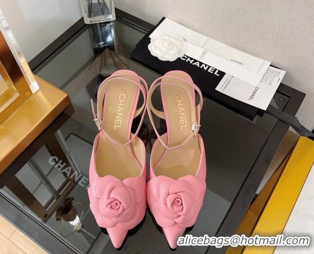 Cheap Price Chanel Camellia Lambskin Mid-Heel Slingback Pumps 5cm Pink 0525108