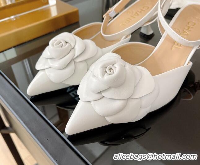 Unique Style Chanel Camellia Lambskin Mid-Heel Slingback Pumps 5cm Optic White 0525109