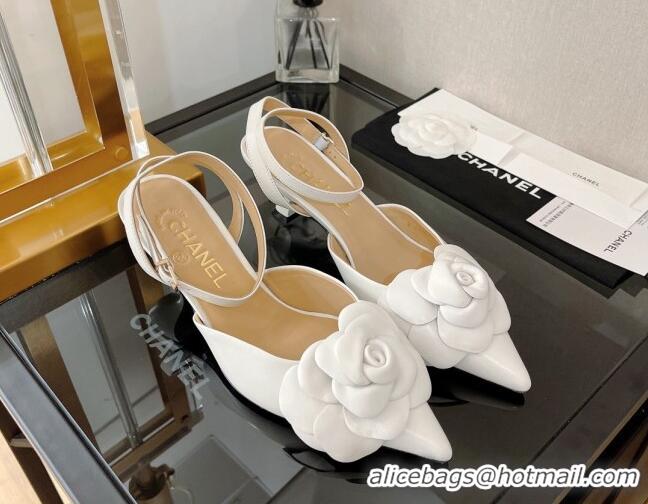 Unique Style Chanel Camellia Lambskin Mid-Heel Slingback Pumps 5cm Optic White 0525109