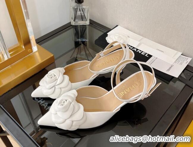 Unique Style Chanel Camellia Lambskin Mid-Heel Slingback Pumps 5cm Optic White 0525109