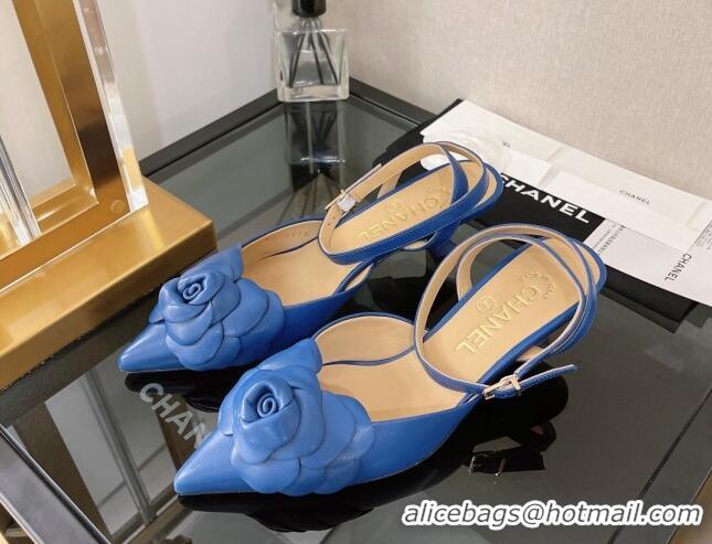 Purchase Chanel Camellia Lambskin Mid-Heel Slingback Pumps 5cm Blue 0525110