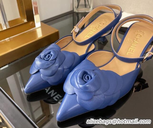 Purchase Chanel Camellia Lambskin Mid-Heel Slingback Pumps 5cm Blue 0525110