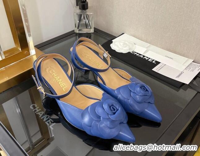 Purchase Chanel Camellia Lambskin Mid-Heel Slingback Pumps 5cm Blue 0525110