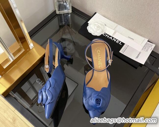 Purchase Chanel Camellia Lambskin Mid-Heel Slingback Pumps 5cm Blue 0525110