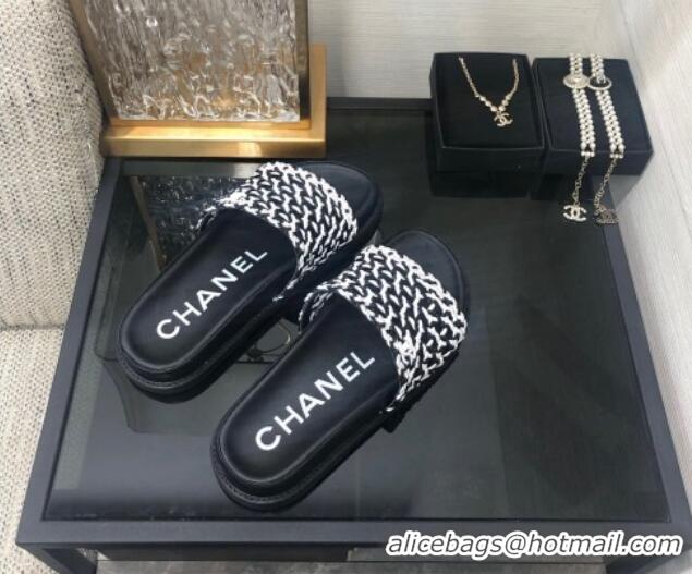 Sophisticated Chanel Braided Lambskin & Fabric Flat Slide Sandals Black 0525116