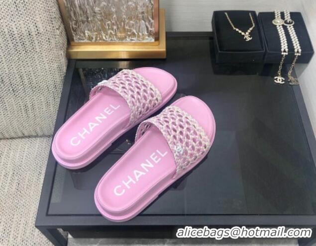 Sophisticated Chanel Braided Lambskin & Fabric Flat Slide Sandals Pink 0525117