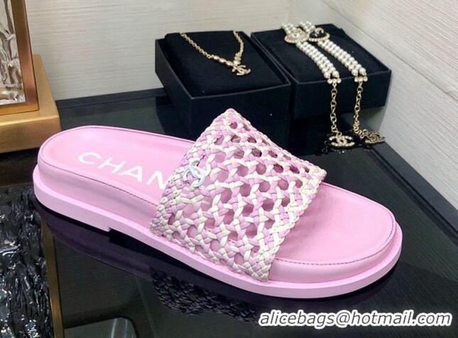 Sophisticated Chanel Braided Lambskin & Fabric Flat Slide Sandals Pink 0525117