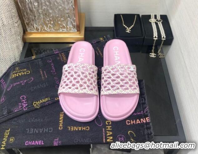 Sophisticated Chanel Braided Lambskin & Fabric Flat Slide Sandals Pink 0525117