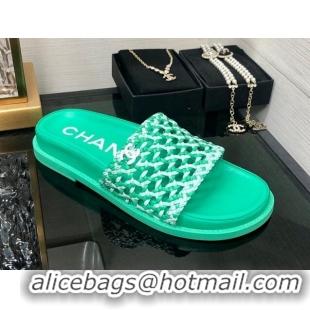 Pretty Style Chanel Braided Lambskin & Fabric Flat Slide Sandals Green 0525118