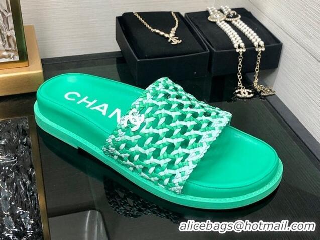 Pretty Style Chanel Braided Lambskin & Fabric Flat Slide Sandals Green 0525118