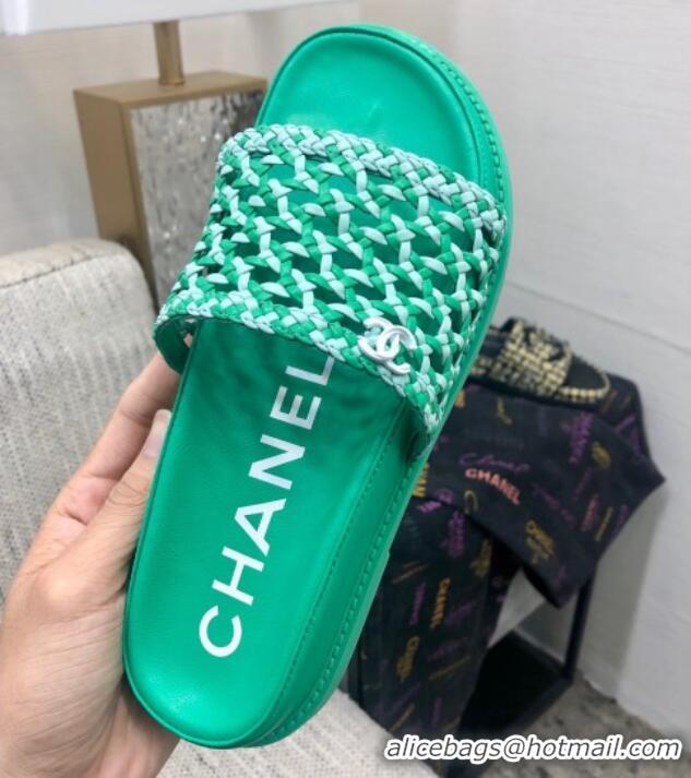 Pretty Style Chanel Braided Lambskin & Fabric Flat Slide Sandals Green 0525118