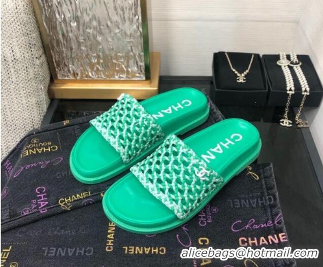 Pretty Style Chanel Braided Lambskin & Fabric Flat Slide Sandals Green 0525118