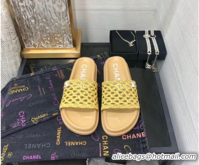 Grade Quality Chanel Braided Lambskin & Fabric Flat Slide Sandals Yellow 0525119