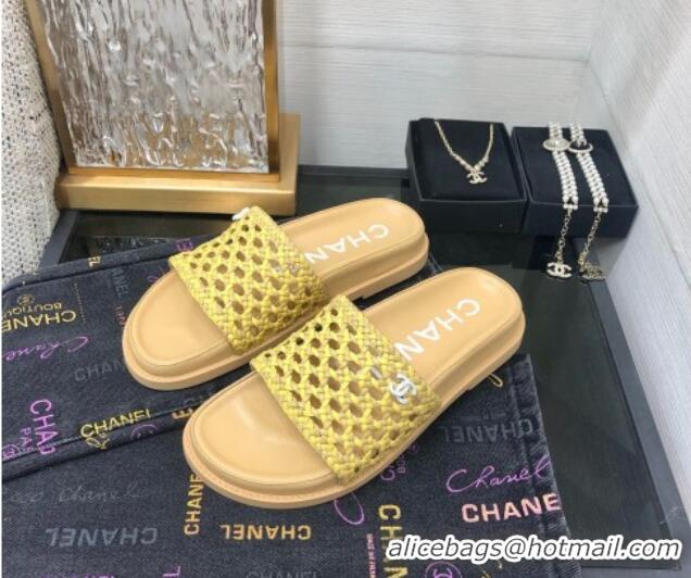 Grade Quality Chanel Braided Lambskin & Fabric Flat Slide Sandals Yellow 0525119