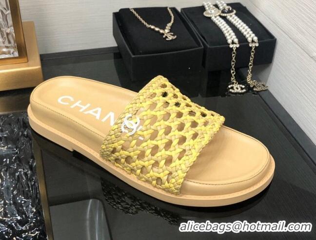 Grade Quality Chanel Braided Lambskin & Fabric Flat Slide Sandals Yellow 0525119