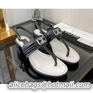 Best Product Chanel Lambskin Crystal CC Heel Thong Sandal 4cm Black 0525126