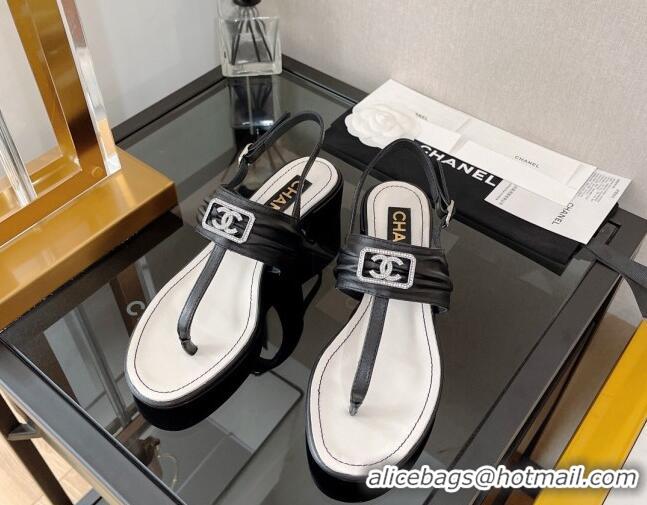 Best Product Chanel Lambskin Crystal CC Heel Thong Sandal 4cm Black 0525126