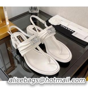 Purchase Chanel Lambskin Crystal CC Heel Thong Sandal 4cm White 525127