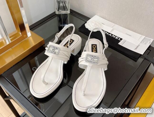 Purchase Chanel Lambskin Crystal CC Heel Thong Sandal 4cm White 525127