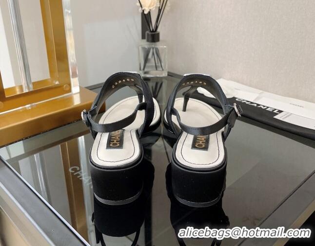 Top Grade Chanel Fabric Crystal CC Heel Thong Sandal 4cm Black 525128