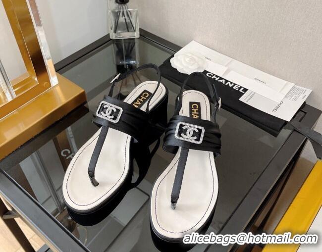 Top Grade Chanel Fabric Crystal CC Heel Thong Sandal 4cm Black 525128