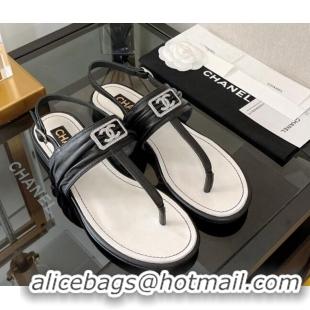 Good Quality Chanel Lambskin Crystal CC Flat Thong Sandal Black 525129